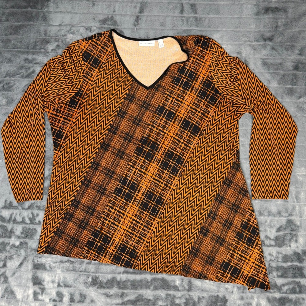 Susan Graver Liquid Knit V-Neck Tunic Top Orange Black Chevron Plaid Womens XL